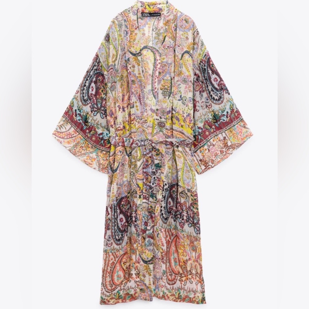 ZARA LONG paisley shimmer sheer PRINT KIMONO- Cover Up